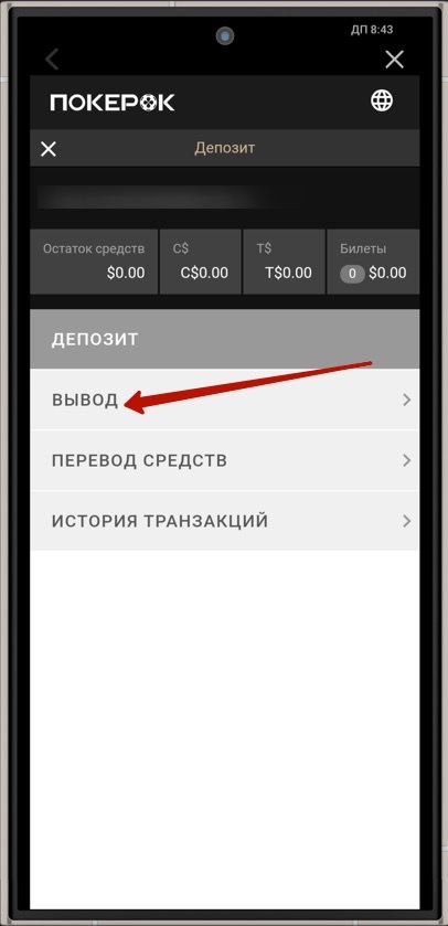 Вкладка «Вывод» в мобильном приложении покер-рума Покерок